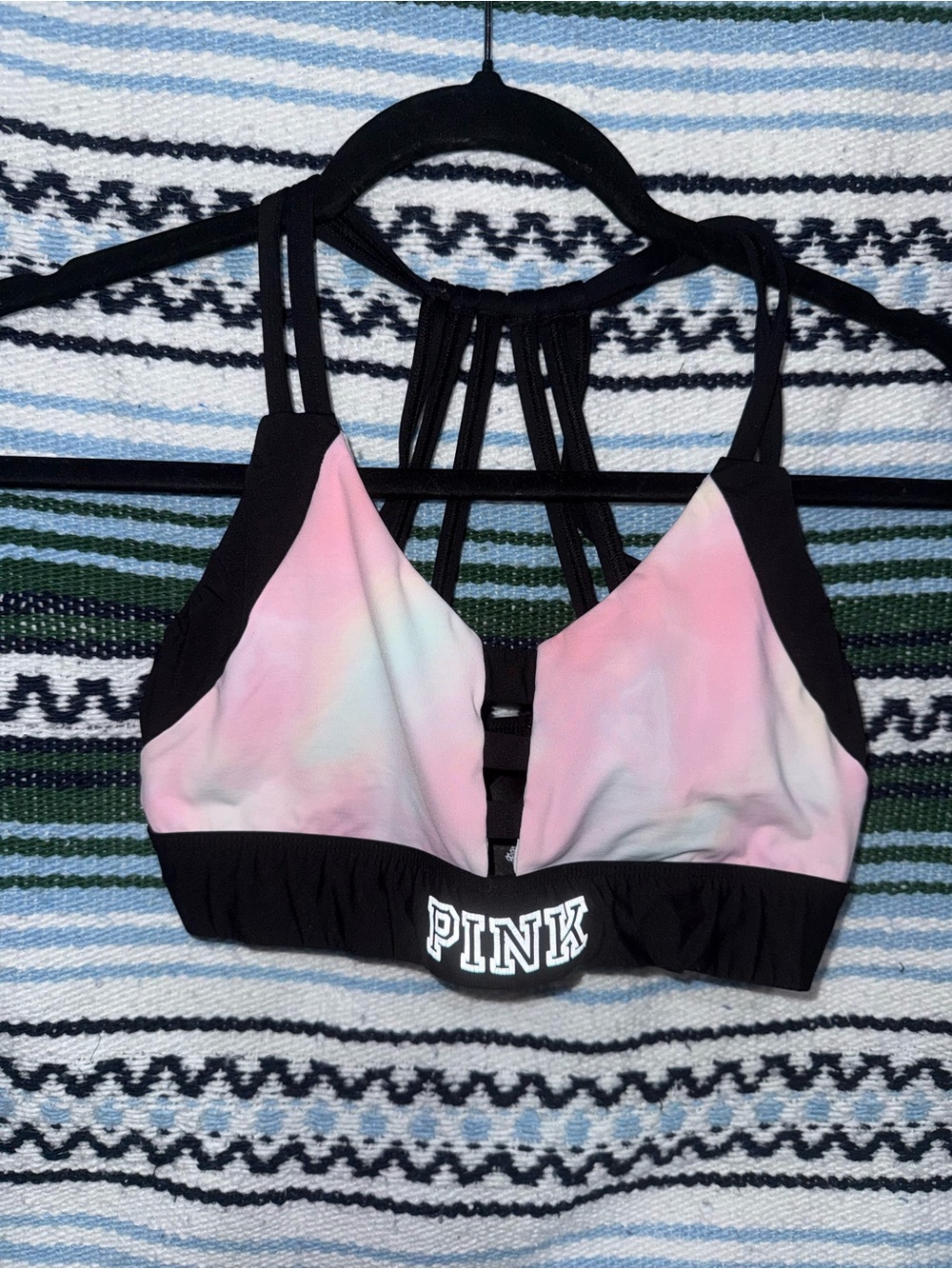 PINK Victoria's Secret Pastel Pink Tie-Dye Strappy Sports Bra with Black Trim